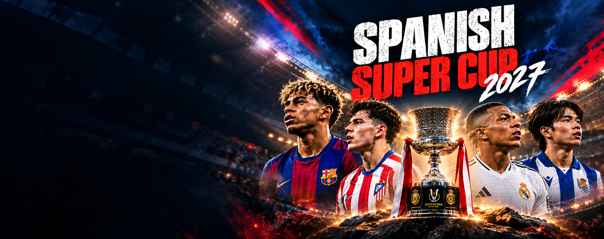 Spanish Super Cup 2027 promotional artwork featuring football players and the trophy